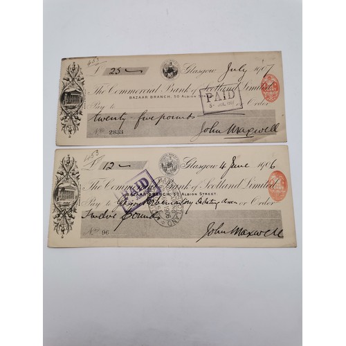686 - Six assorted 'PAID' bank cheques, late 19th/early 20th Century (ranging 1898-1911), comprising three... 