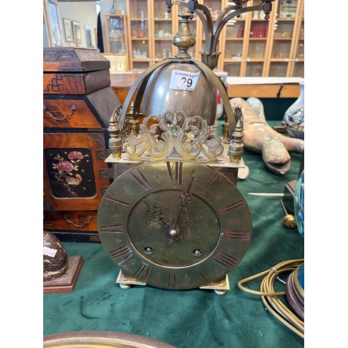 29 - An antique Brass Lantern Clock with French movement, replacement John Wainwright, Wellingborough wit... 