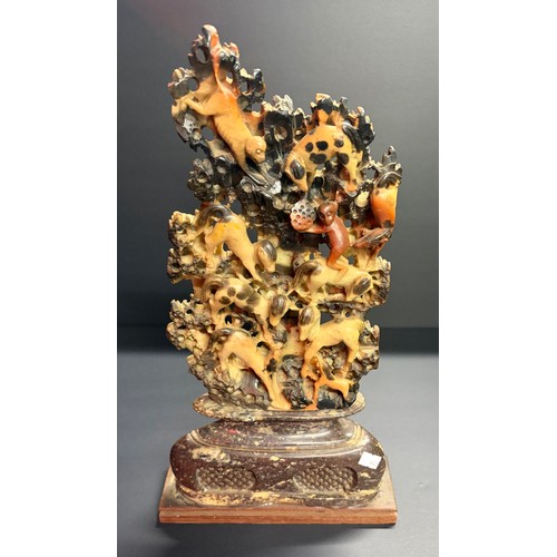40 - A Hand carved chinese Soapstone Sculpture depicting multiple different animals H42cm x W23cm
