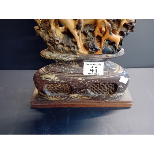 40 - A Hand carved chinese Soapstone Sculpture depicting multiple different animals H42cm x W23cm