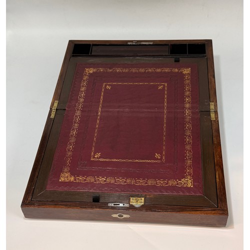 7 - Victorian rosewood with inlaid mother of pearl writing slope.  With key.  Red leather interior with ... 
