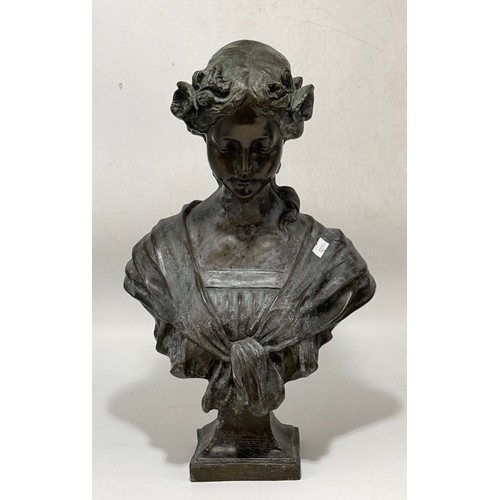 8 - Two bronze busts.  One is of a French beauty on a square pedestal H 45cm.  The other is a Renaissanc... 