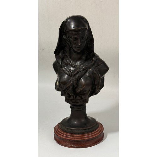 8 - Two bronze busts.  One is of a French beauty on a square pedestal H 45cm.  The other is a Renaissanc... 