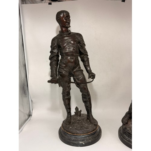 48 - A pair of Auguste Moreau (French 1834-1917) Fencing Figures.  Mounted on circular wooden plinths.  H... 