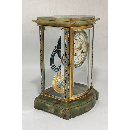 49 - A French Belle Epoque four-glass Mantel Clock.  intricate champleve enamel boarders on the frame of ... 