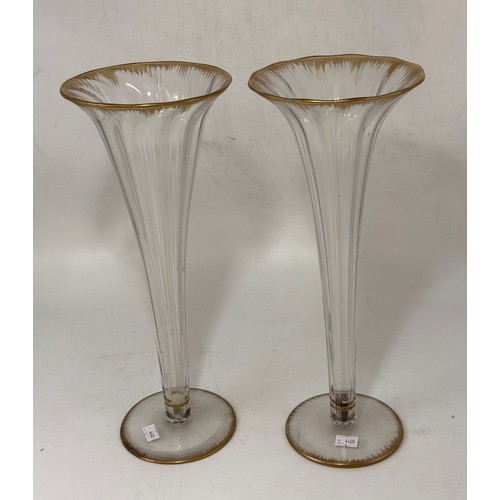 35 - A Pair of Antique Glass Lily Vases with ribbed elongated neck and gilt edge decoration H36cm