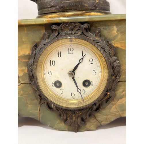 21 - French Art Nouveau Mantel Clock and Garniture set.  The bronze depicting 