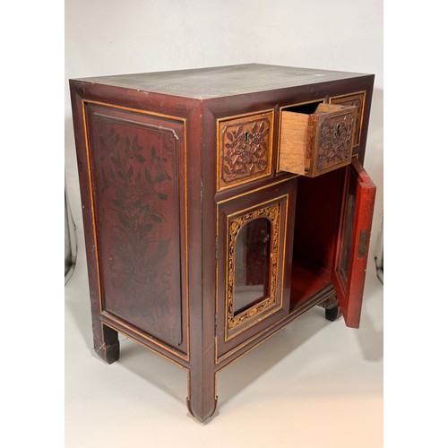 22 - Chinese red lacquer small cabinet/wedding cabinet. With detailed relief floral carving on the drawer... 
