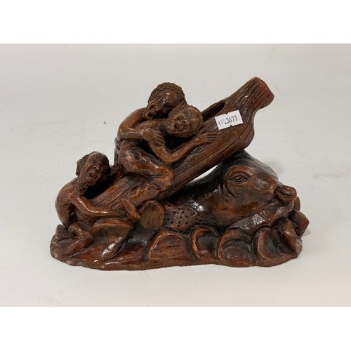 28 - Hand carved wooden sculpture.  Depicting a scene of figures trying to board a log/raft to escape a c... 