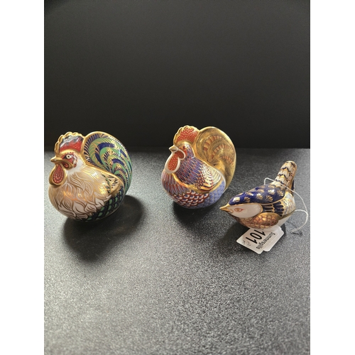 101 - Three Royal Crown Derby paperweights- Blue Wren, Rooster and limited edition Farm Yard Cockerel sign... 