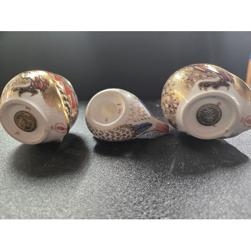105 - Three Royal Crown Derby Paperweights Two Owls plus Goldcrest no stopper