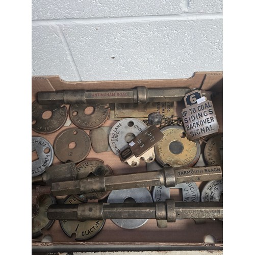 Collection of vintage British railwayana incl single line railway tablets: Clacton on sea, Holbeach East, Orwell, Honing, Breydon South, Sheringham, etc signalling keys from"Yarmouth Beach", Gorlestone on Sea, Antingham Road etc brass lever plates, railway profiles (railwayana)