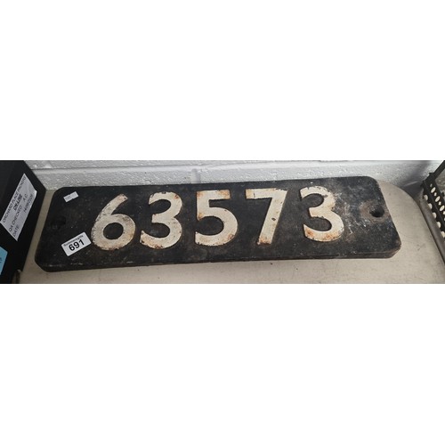 691 - Cast iron British Railways locomotive numberplate, raised numbers 