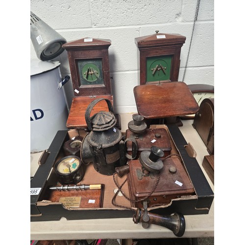 695 - Pair of antique needle single needle block telegraph instruments plus railwayana items - lantern, me... 