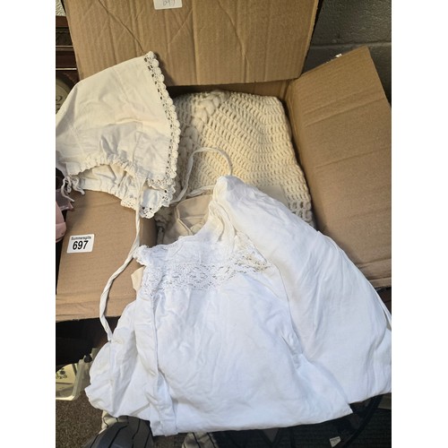 697 - A Collection of vintage baby clothes and lace etc