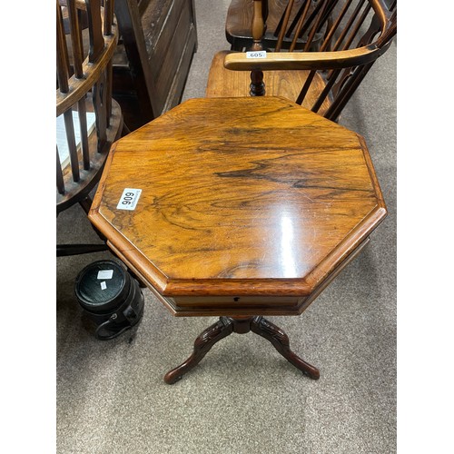 606 - An antique rosewood hexagonal work table with fitted contents on carved legs, 67cm high, 41.5cm wide
