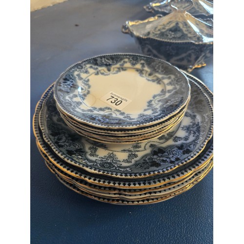 730 - A Victorian Blue and White dinner service 6 dinner plates, 6 side plates, 1 salad plate, two lidded ... 