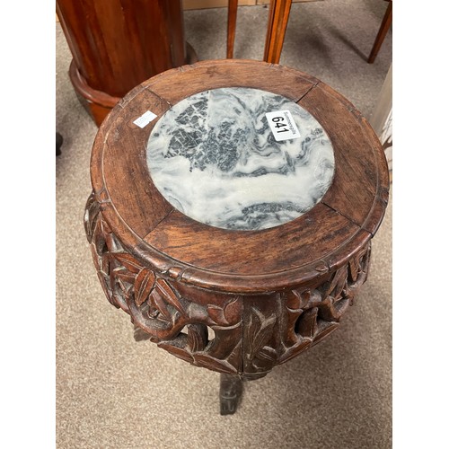 641 - A Chinese fruitwood stool/plant stand, formed as bamboo with marble inset top, 61cm high, 31cm wide