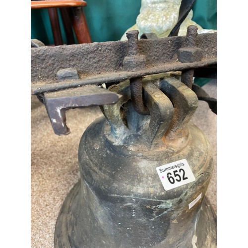 652 - A bronze bell with original fitting, stamped London 1889, 32cm high (excluding fitting)
