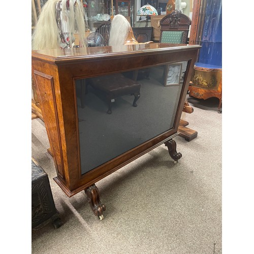677 - An antique burr walnut display cabinet of unusual form, probably a map chest, with later glass panel... 