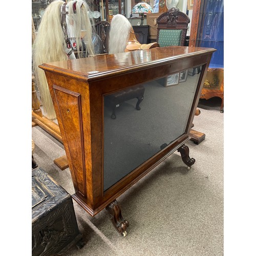 677 - An antique burr walnut display cabinet of unusual form, probably a map chest, with later glass panel... 