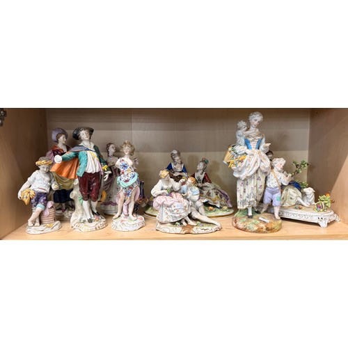 319 - A collection of nine porcelain figurines, assorted makers incl Dresden, Wallendorf Porcelain, Meisse... 