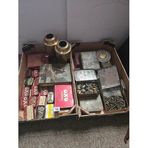 758 - Two boxes of vintage tins some containing old nails, screws etc plus two brass vases