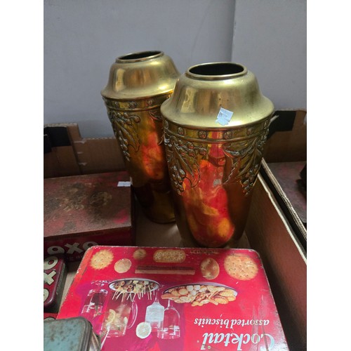 758 - Two boxes of vintage tins some containing old nails, screws etc plus two brass vases