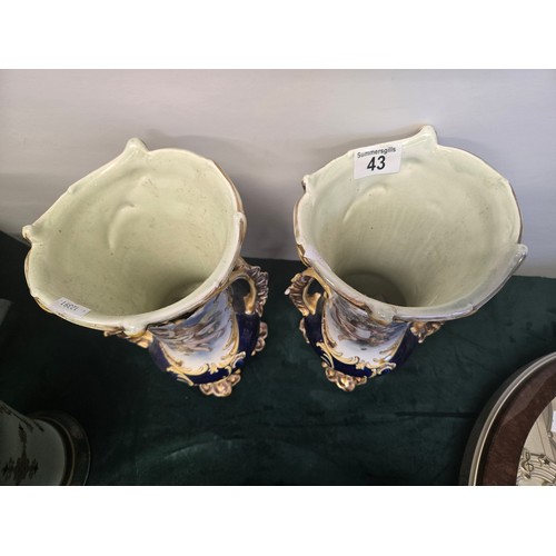 43 - A Pair of Blue and Gold Italian-style porcelain vases painted with flowers and cherubs and gilded Ro... 
