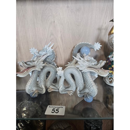 55 - A Pair of Vintage Royal Crown Derby Peacocks H21cm plus Four vintage Yoshimi K porcelain foo dragon ... 