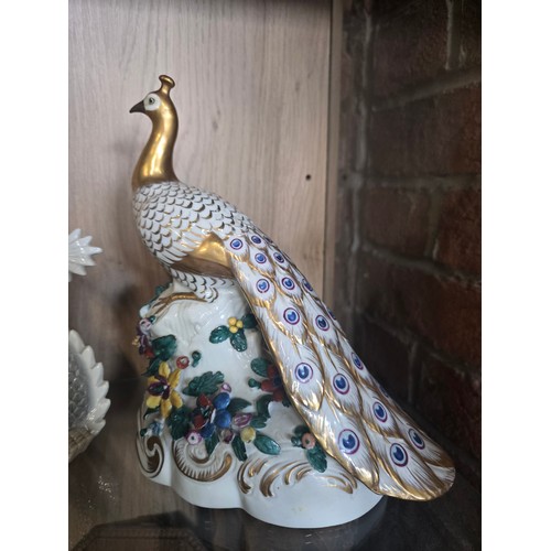55 - A Pair of Vintage Royal Crown Derby Peacocks H21cm plus Four vintage Yoshimi K porcelain foo dragon ... 