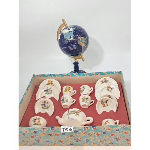 786 - Semi precious gemstone inlaid globe 15cm diameter plus vintage 15 pce child's tea set featuring nurs... 
