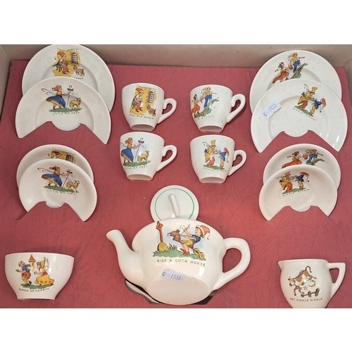 786 - Semi precious gemstone inlaid globe 15cm diameter plus vintage 15 pce child's tea set featuring nurs... 