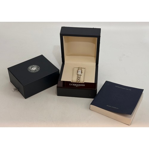 390 - A lady's Longines DolceVita quartz steel and rose gold bracelet wristwatch, the white rectangular di... 