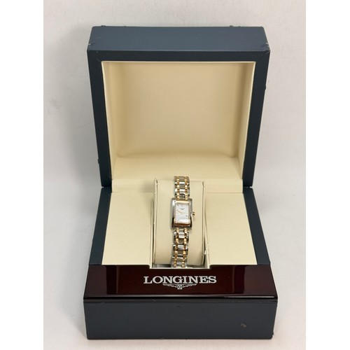 390 - A lady's Longines DolceVita quartz steel and rose gold bracelet wristwatch, the white rectangular di... 