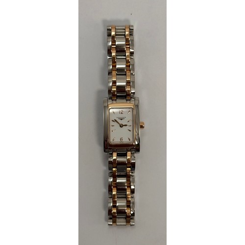390 - A lady's Longines DolceVita quartz steel and rose gold bracelet wristwatch, the white rectangular di... 
