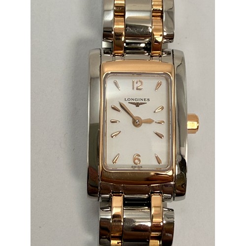 390 - A lady's Longines DolceVita quartz steel and rose gold bracelet wristwatch, the white rectangular di... 