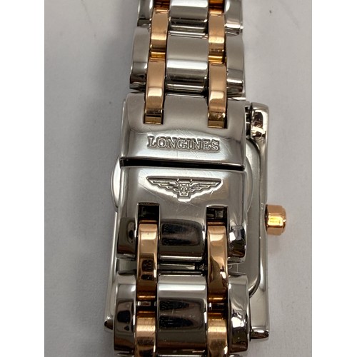 390 - A lady's Longines DolceVita quartz steel and rose gold bracelet wristwatch, the white rectangular di... 
