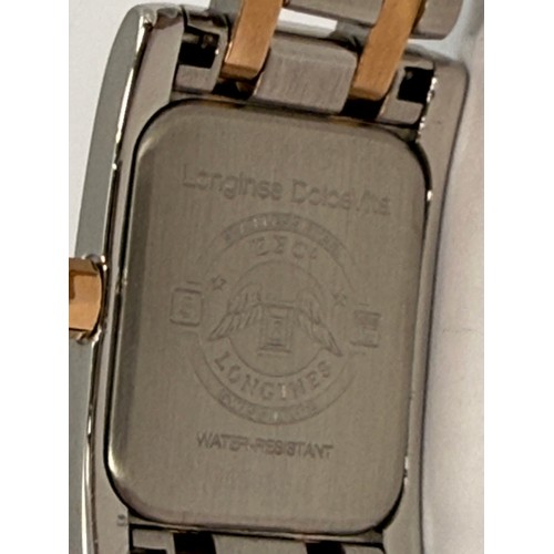 390 - A lady's Longines DolceVita quartz steel and rose gold bracelet wristwatch, the white rectangular di... 