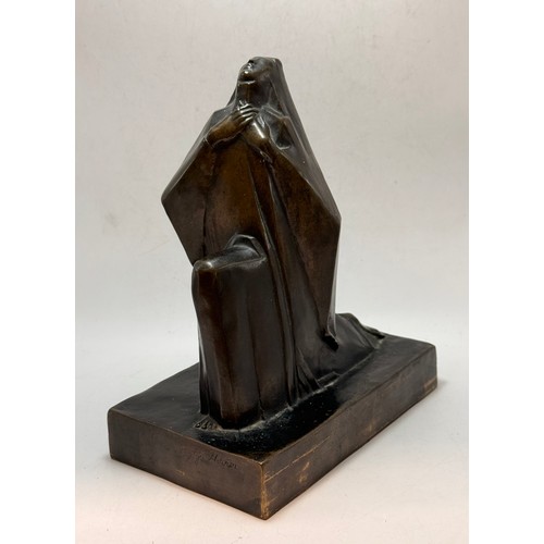 68 - Jocelyn Horner (1902-1973), Kneeling nun with hands clasped to breast, bronze, Art Deco angular styl... 
