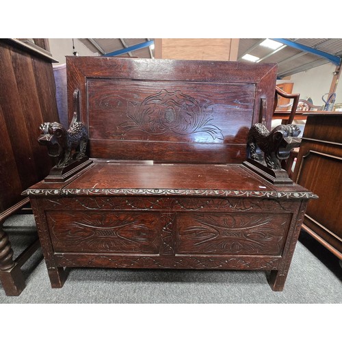 807 - A Carved Oak Monks Bench