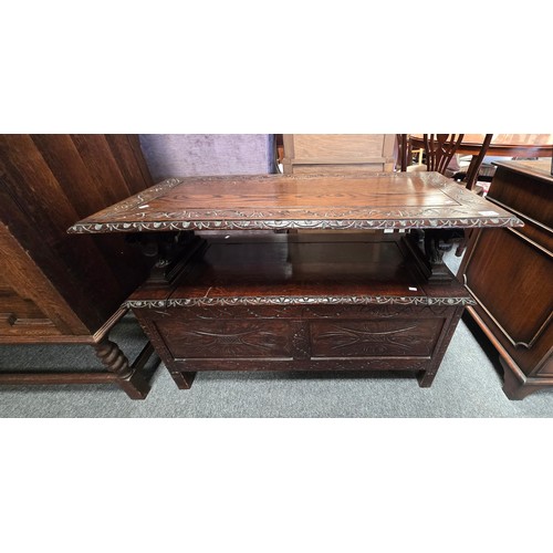 807 - A Carved Oak Monks Bench