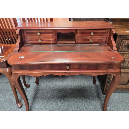 821 - A mahogany Queen Anne style desk plus veneered wood console table