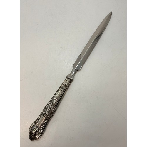 366 - An Elizabeth II silver-handled letter opener by Harrison Brothers (probably), Sheffield 1978; togeth... 