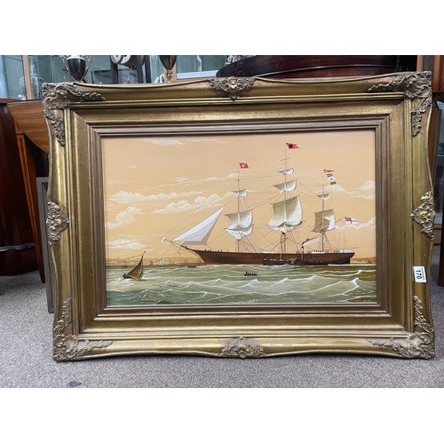 170 - A vintage Anglo-Chinese style Naval painting, oil on board depicting a clipper flying various flags,... 