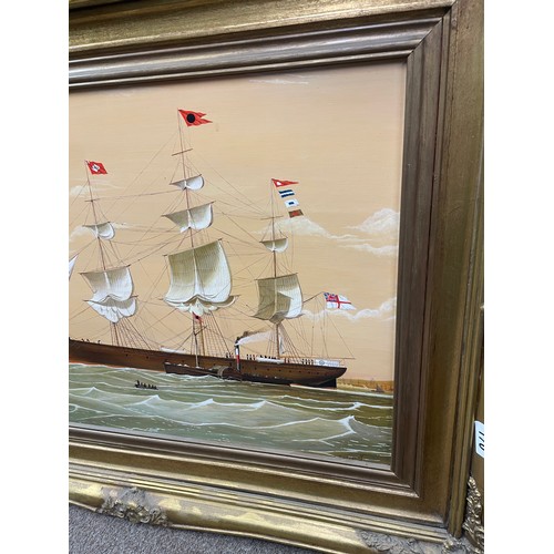 170 - A vintage Anglo-Chinese style Naval painting, oil on board depicting a clipper flying various flags,... 