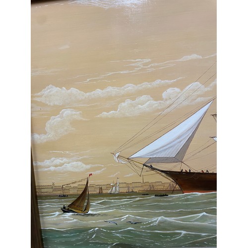 170 - A vintage Anglo-Chinese style Naval painting, oil on board depicting a clipper flying various flags,... 