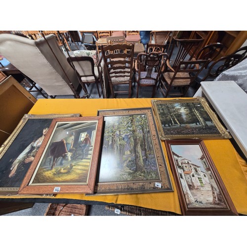 842 - A collection of 5 prints/paintings etc including embroidered framed picture and double sided oil on ... 