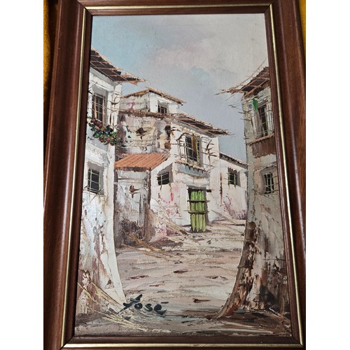 842 - A collection of 5 prints/paintings etc including embroidered framed picture and double sided oil on ... 