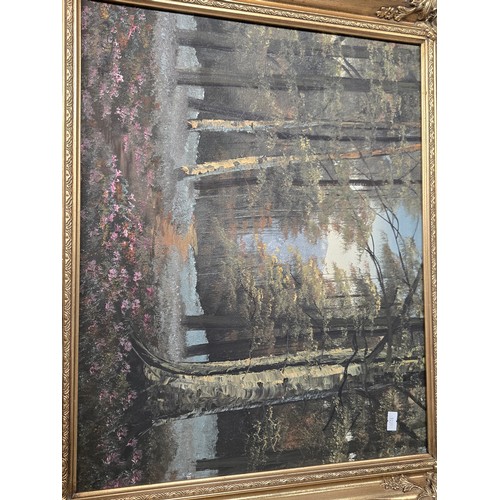 842 - A collection of 5 prints/paintings etc including embroidered framed picture and double sided oil on ... 